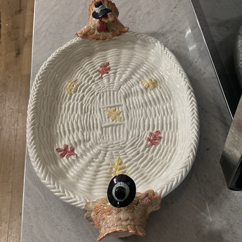 2 Vtg Fitz and Floyd Pilgrim's Progress Leaf Turkey Thanksgiving Serving Platter